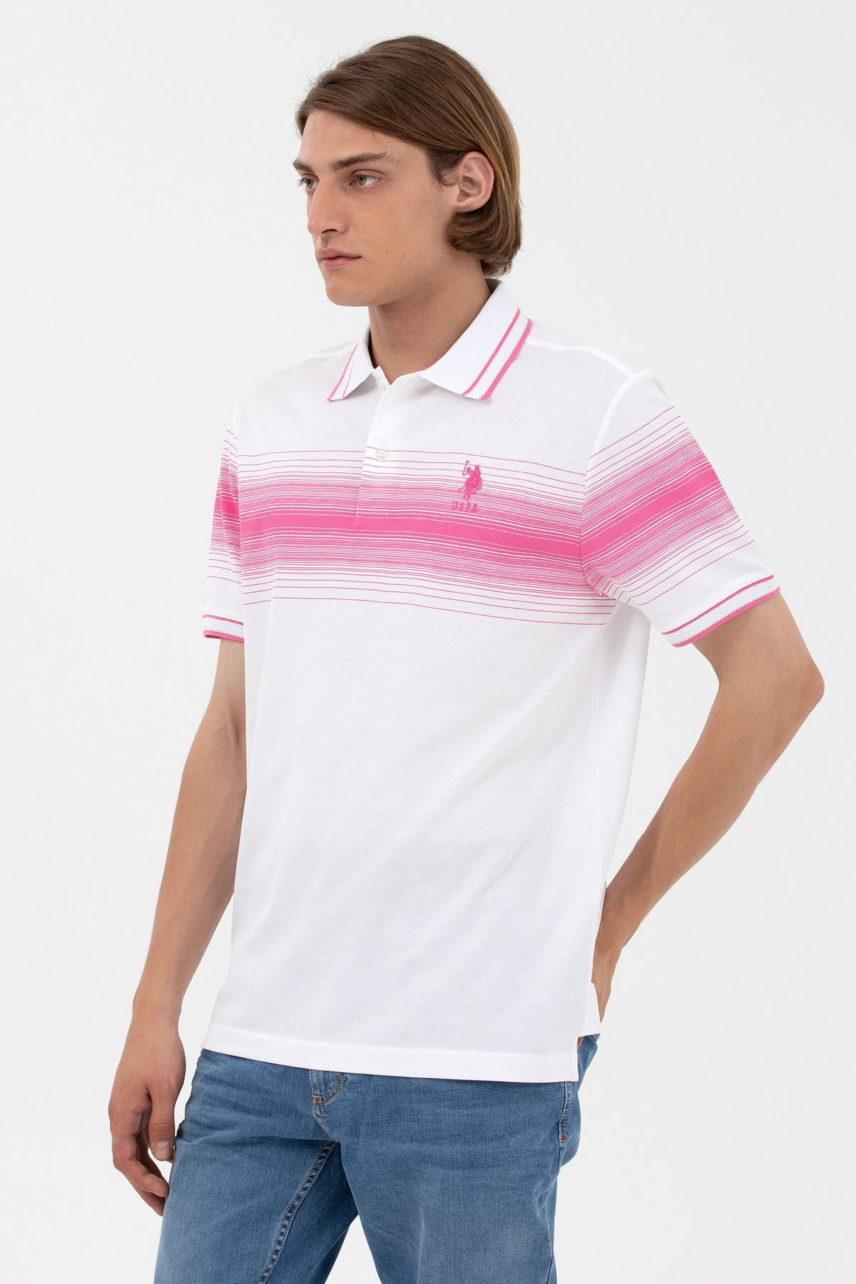 U.S. Polo Assn. تی شرت مردانه 100% پنبه ای یقه پولو معمولی فیت صورتی 1574049