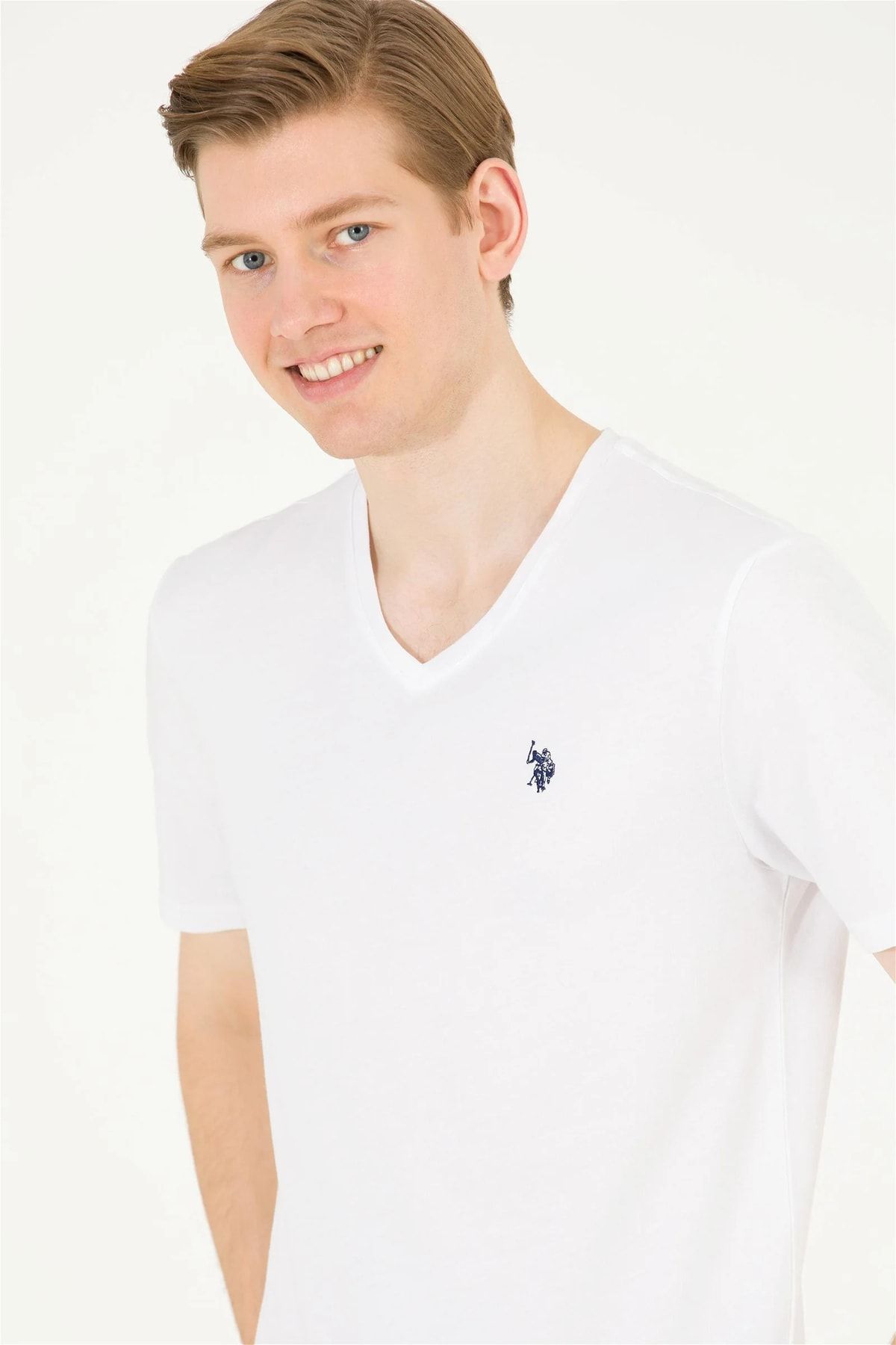 تی شرت سفید مردانه تیشرت یقه وی 100% نخی 1572582 U.S. Polo Assn.