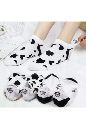 Kadın 5 Çift Siyah + Beyaz Inek Desenli Nakışlı Patik Çorap yincmnya-011