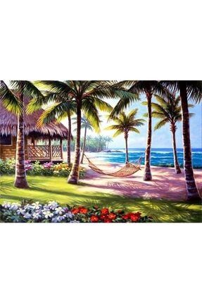Sanat Deniz Manzaralı Palmiye Ağaçları Elmas Mozaik Tablo / Boncuk Işleme 60x40cm E20202662m E20202662M