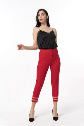 Klasik Kırmızı Tül Detaylı Kadın Pantolon 21Y5827
