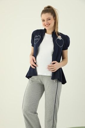 Kadın Lacivert Penye Hamile Pijama Takımı 3'lü BRSN4000