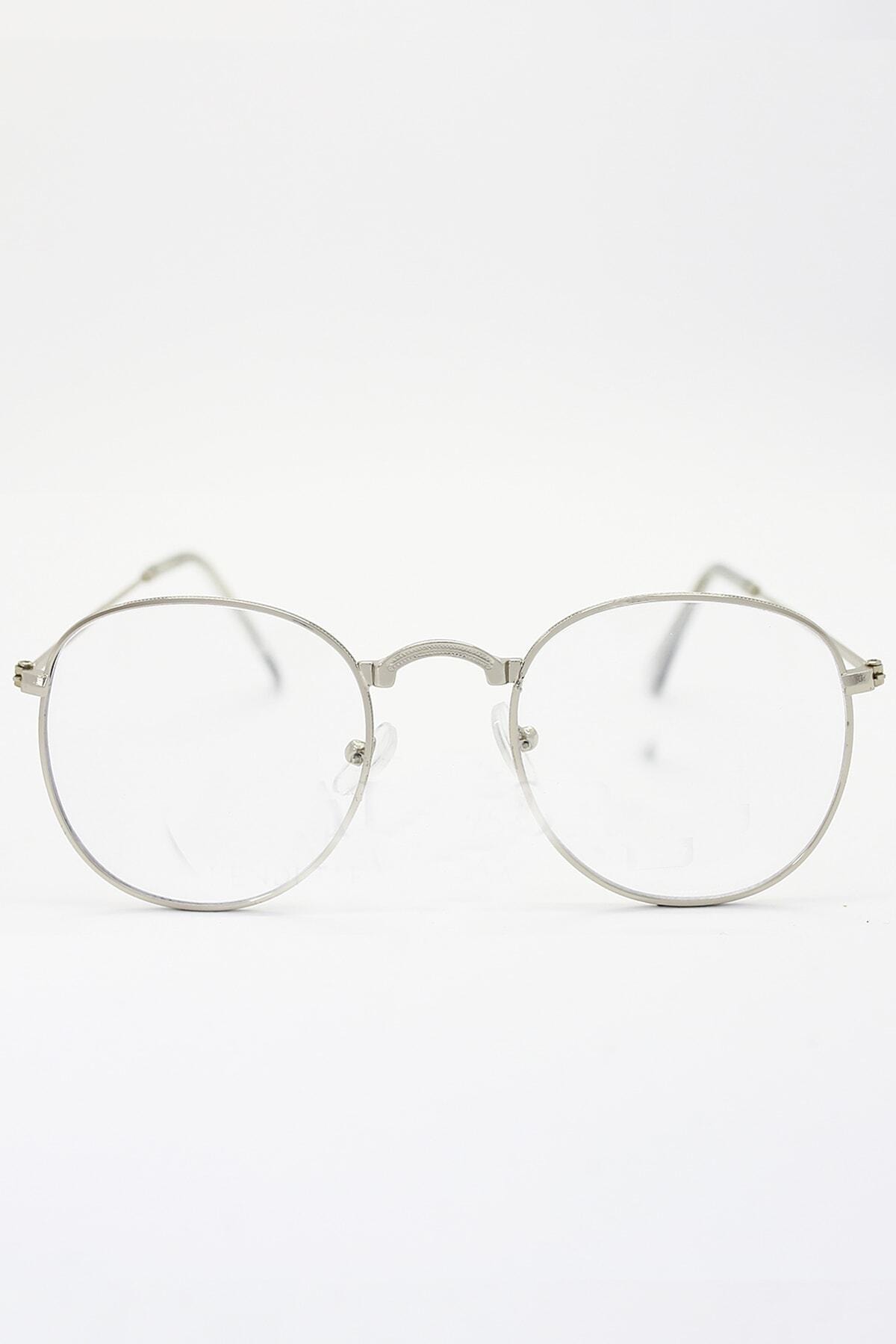 Unisex Gümüş Gözlük Retro Metal Şeffaf Lens