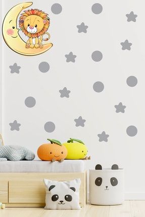 Ay Üzerindeki Sevimli Aslan Gri Yıldızlar Ve Puantiyeler Çocuk Odası Duvar Sticker DECOKS0107