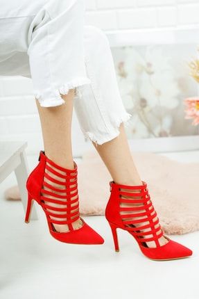 Kırmızı Süet Sivri Burun Kadın Topuklu Ayakkabı Stiletto SB104İO
