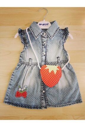 Kız Çocuk Çilek Nakışlı Çantalı Puantiyeli Kot Elbise 2020-KBB-P26