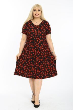 Kadın Siyah Kırmızı Papatya Desen Esnek Örme Krep Elbise LK-0682