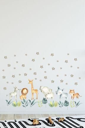 Gri Yıldızlı Safari Hayvanlar ve Yapraklar Çocuk Odası Duvar Sticker STCKREKSP015