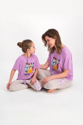 Anne Kız Mor Kısa Kol Uzun Pantolon Pijama Takımı BEK4505