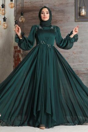 Tesettürlü Abiye Elbise - Balon Kol Yeşil Tesettür Abiye Elbise 21910y