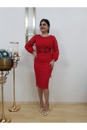 Kadın Kırmızı Sırt Detaylı Güpür Midi Tasarım Elbise FERO0000722