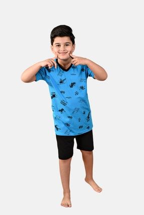Erkek Çocuk Açık Mavi 3 Lü Takım Desenli V Yaka Yazlık Pijama Takımı M3001