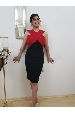 Kadın Siyah Kırmızı Çapraz Askı Tasarım Kalem Elbise FERO0000644