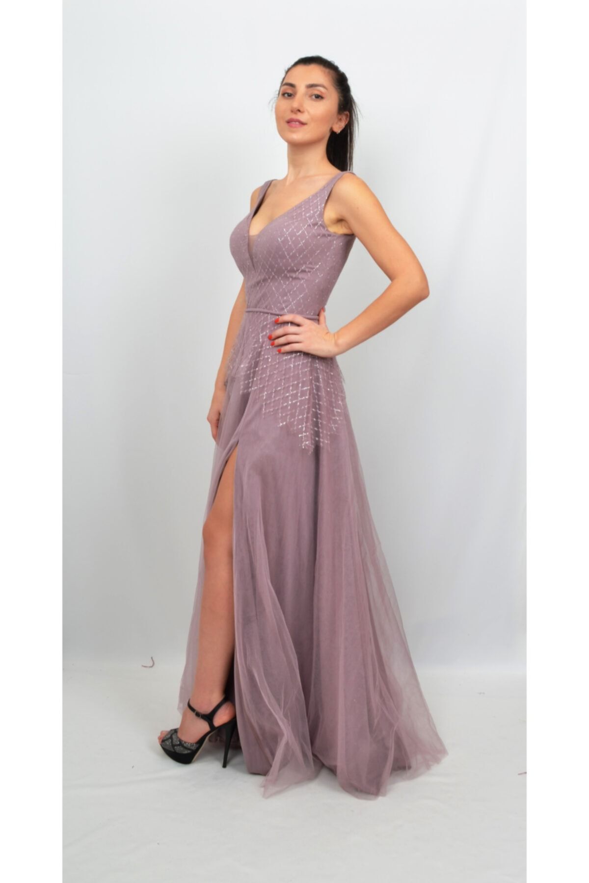 ALIS DRESS Женское вечернее платье из тюля с квадратным узором и разрезом AL-0252