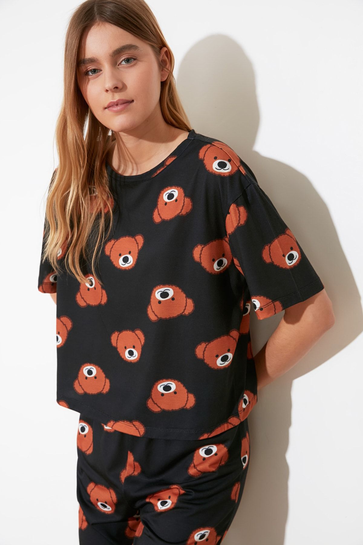 Trendyol Collection-Schwarzes Baumwoll-Pyjama-Set für Paare mit Teddybär, THMSS21PT0195 13