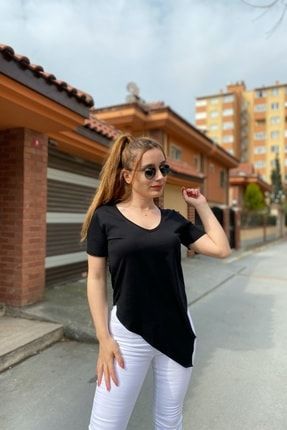 Kadın V Yaka Asimetrik Siyah T-shirt KB-8008