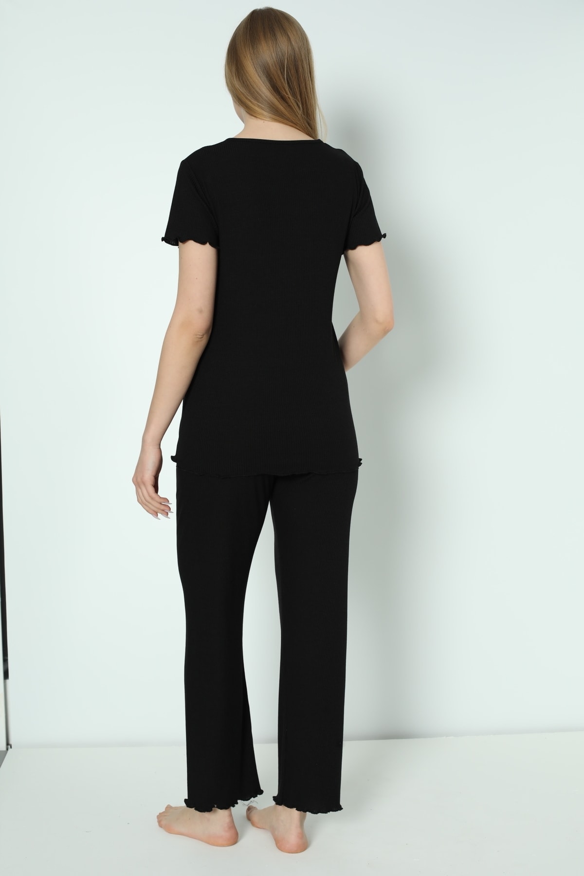 Miss Dünya Lissa Siyah Pamuk Fitilli Örme Kumaş Hamile Ve Lohusa Pijama Takımı fotoğrafı 4 (önizleme)