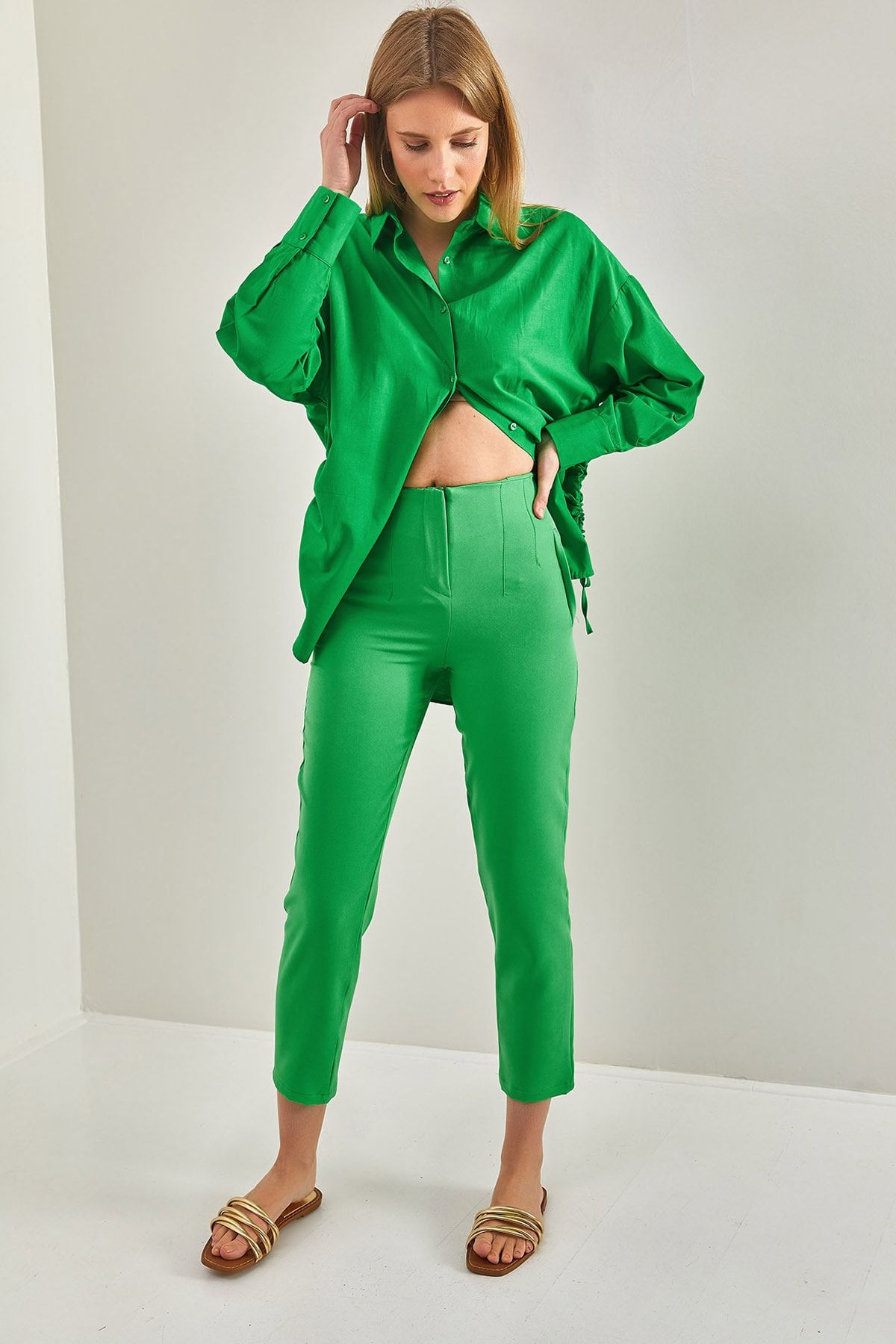Green cropped trousers deals