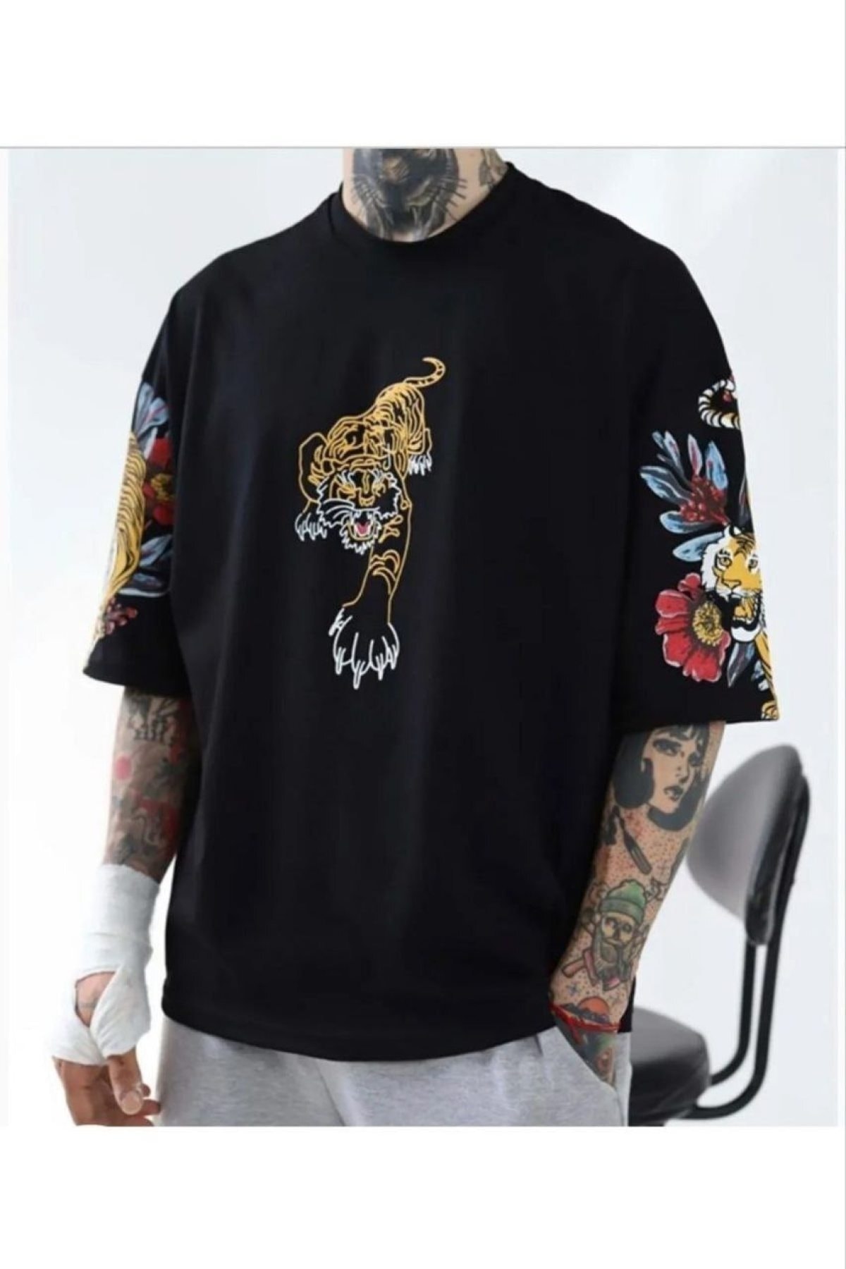 Kaplan Baskılı Oversize %100 Pamuk Siyah T-shirt