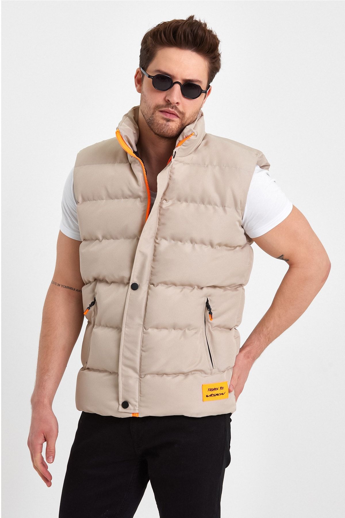Mens tan puffer vest on sale