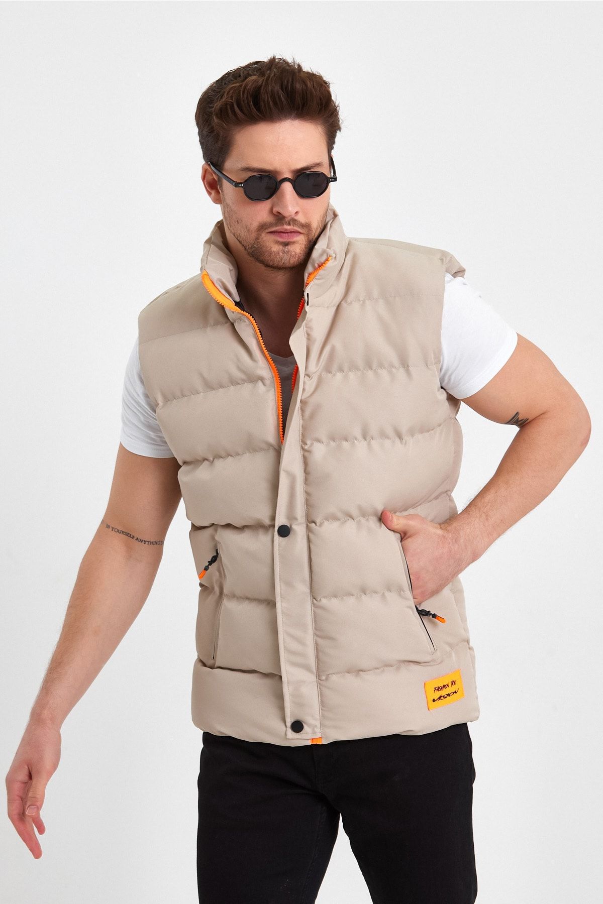 Mens tan puffer vest hot sale