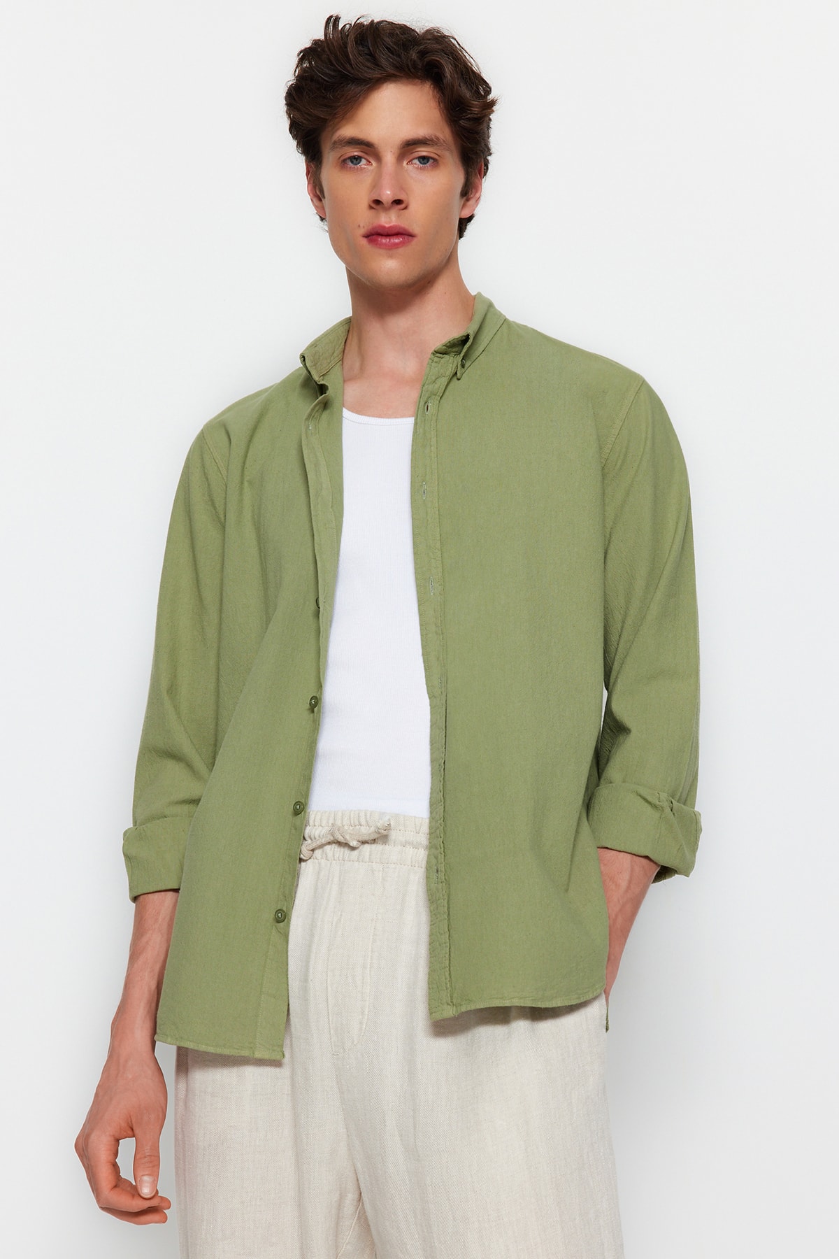 پيراهن مردانه کتاني 100% نخي خاکي رنگ  trendyolmilla man