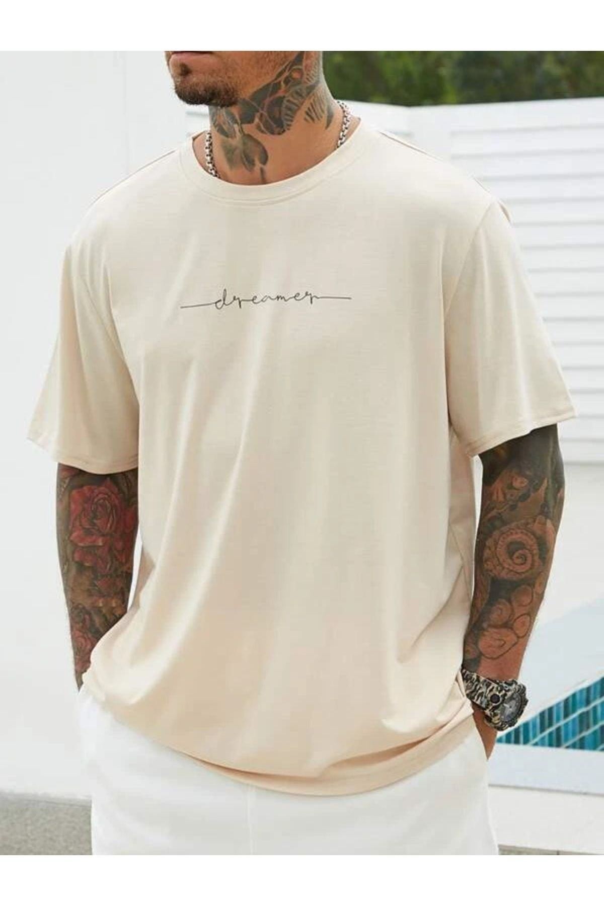 Black Sokak Dreamer Blacksokak mit Beige Rundhalsausschnitt bedrucktes Oversize-T-Shirt für - Herren Trendyol