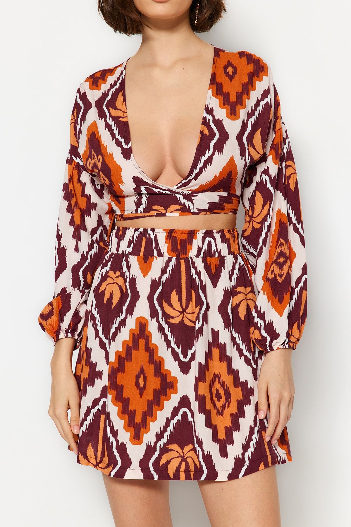 Trendyol Collection-Tropical Patterned Woven Tied Blouse Skirt Set TBESS23AU00090 4