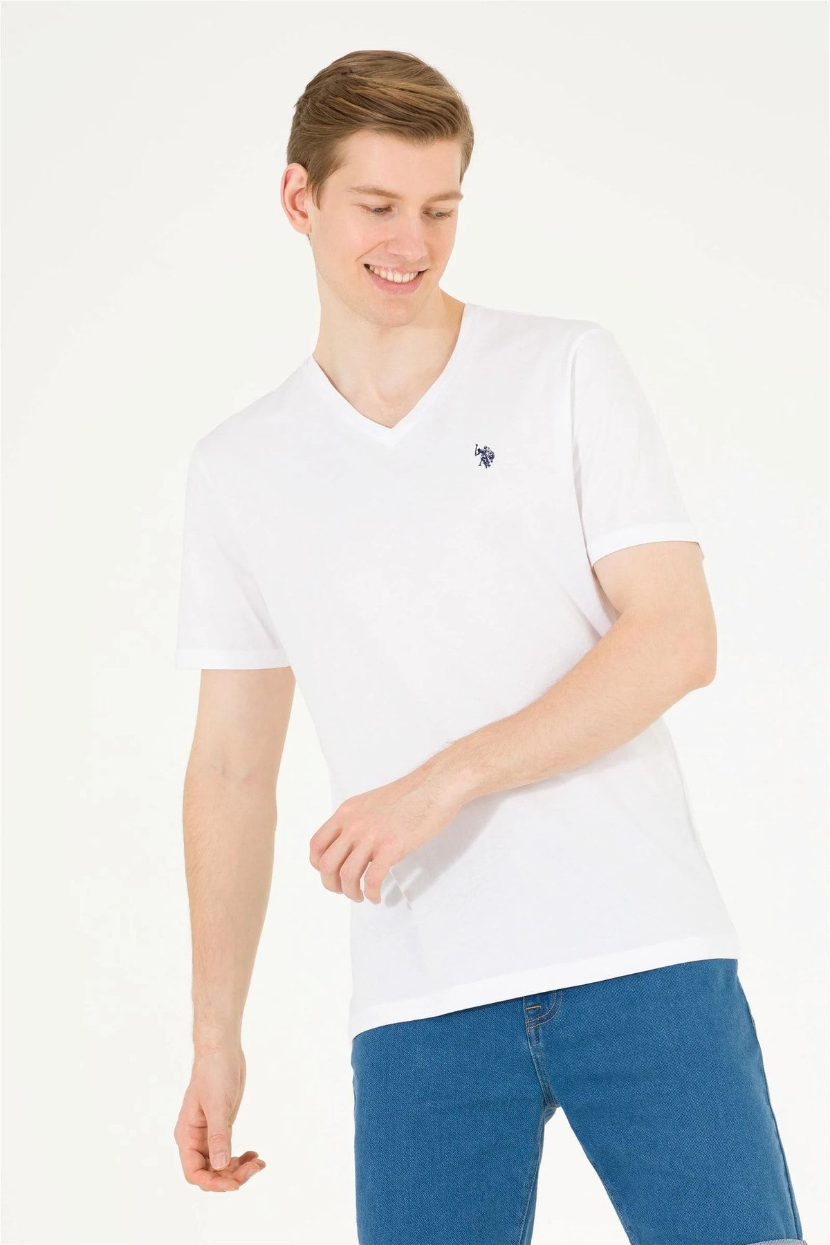 تی شرت سفید مردانه تیشرت یقه وی 100% نخی 1572582 U.S. Polo Assn.