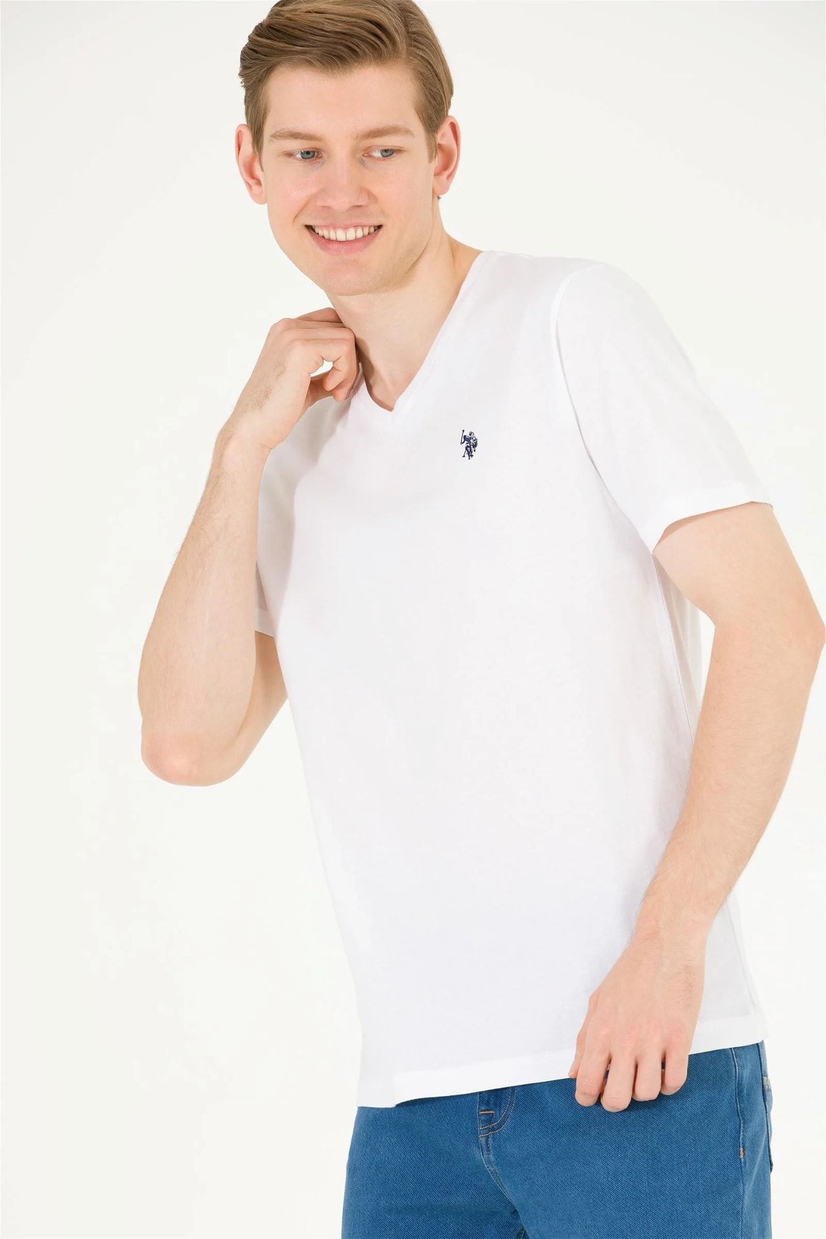 تی شرت سفید مردانه تیشرت یقه وی 100% نخی 1572582 U.S. Polo Assn.