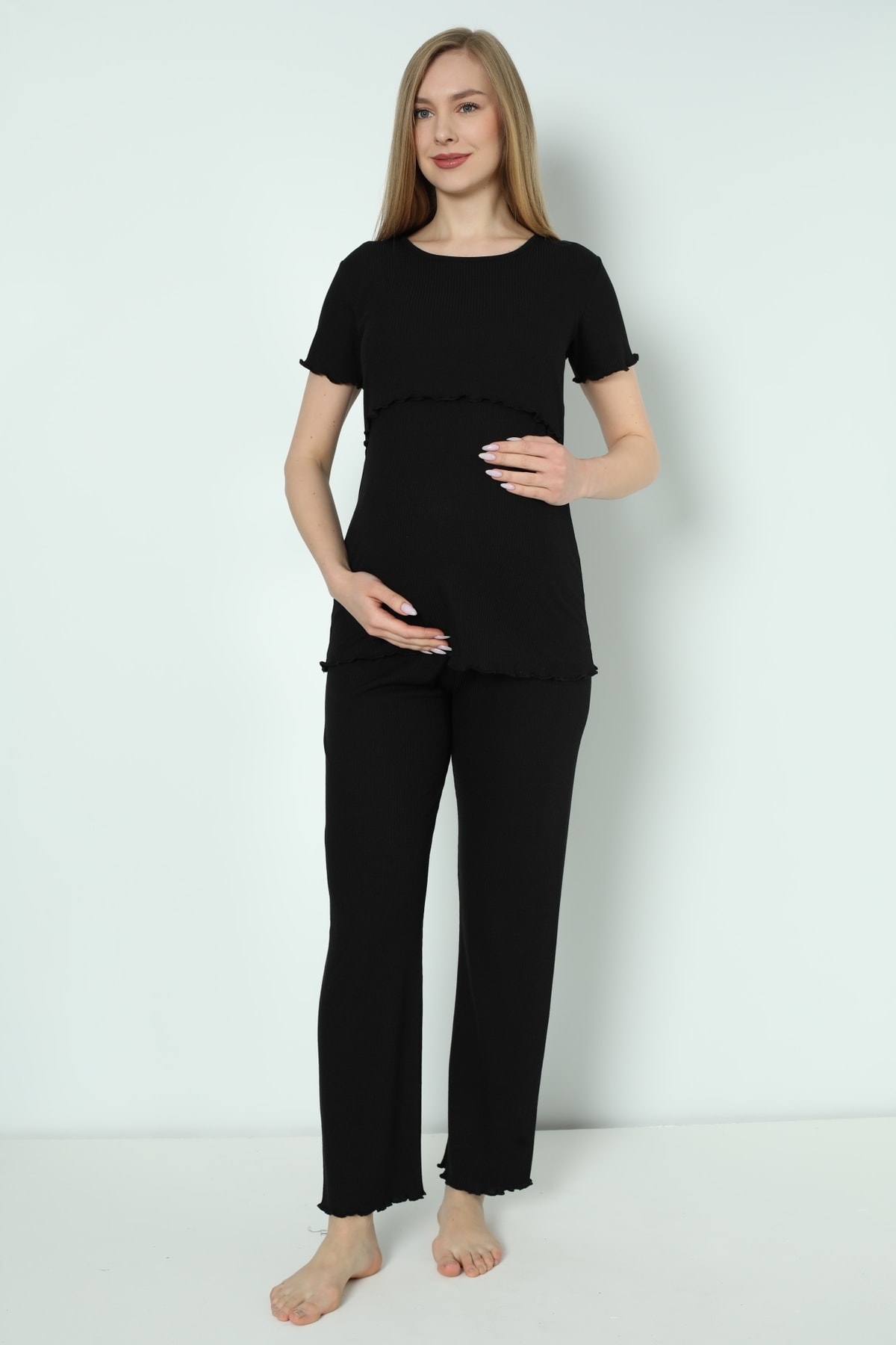 Miss Dünya Lissa Siyah Pamuk Fitilli Örme Kumaş Hamile Ve Lohusa Pijama Takımı fotoğrafı 3 (önizleme)