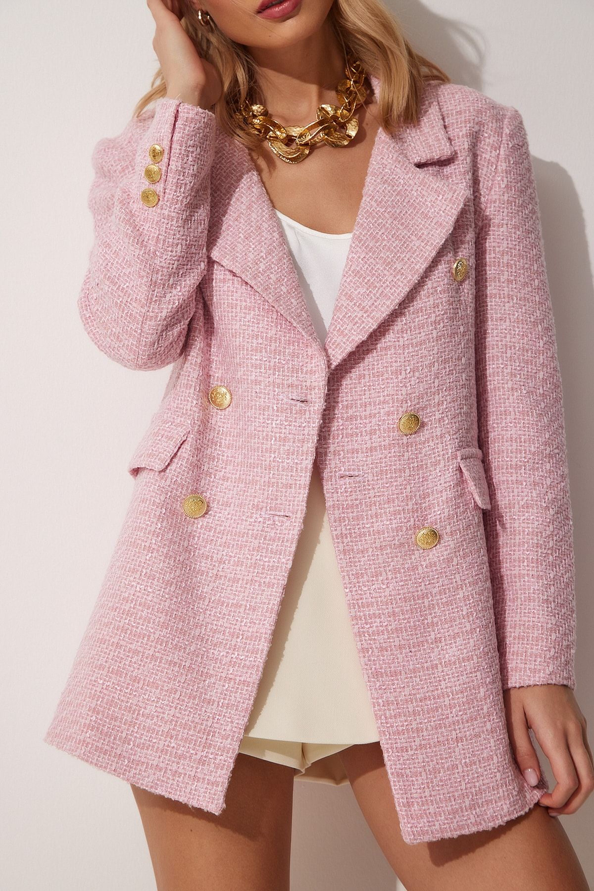 Happiness İstanbul-Rosa Tweed-Blazer mit Knöpfen für Damen WF00004 3