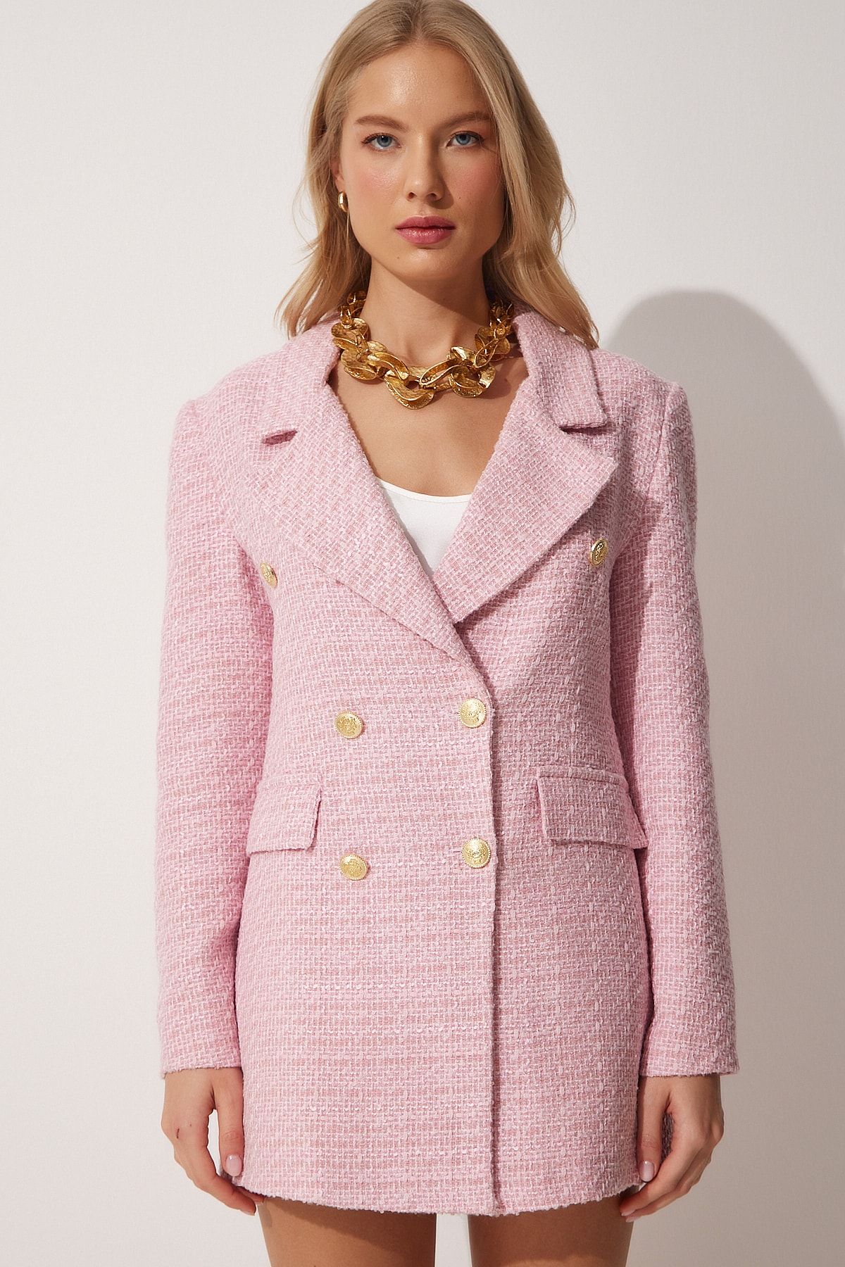Happiness İstanbul-Rosa Tweed-Blazer mit Knöpfen für Damen WF00004 4