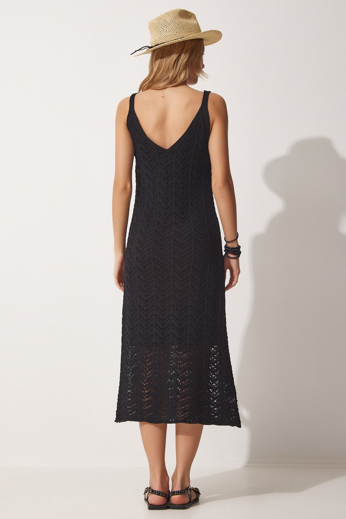 Happiness İstanbul-Schwarzes, durchbrochenes Träger-Sommer-Strickkleid für Damen NF00044 4