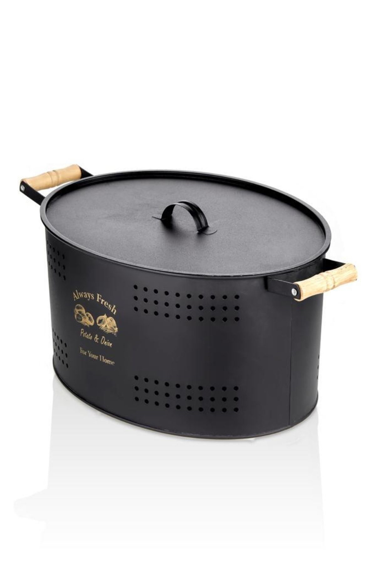 Bayev-Black Wooden Handle Potato Onion Storage Box with Lid Patterned Metal Bread Storage Box 3