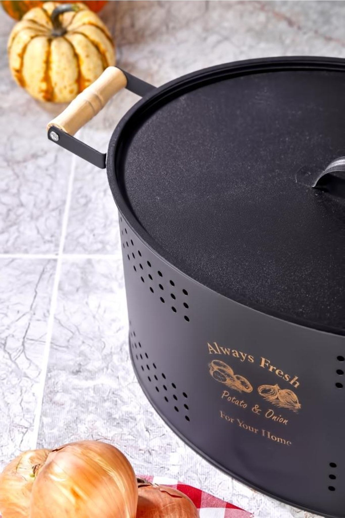 Bayev-Black Wooden Handle Potato Onion Storage Box with Lid Patterned Metal Bread Storage Box 4