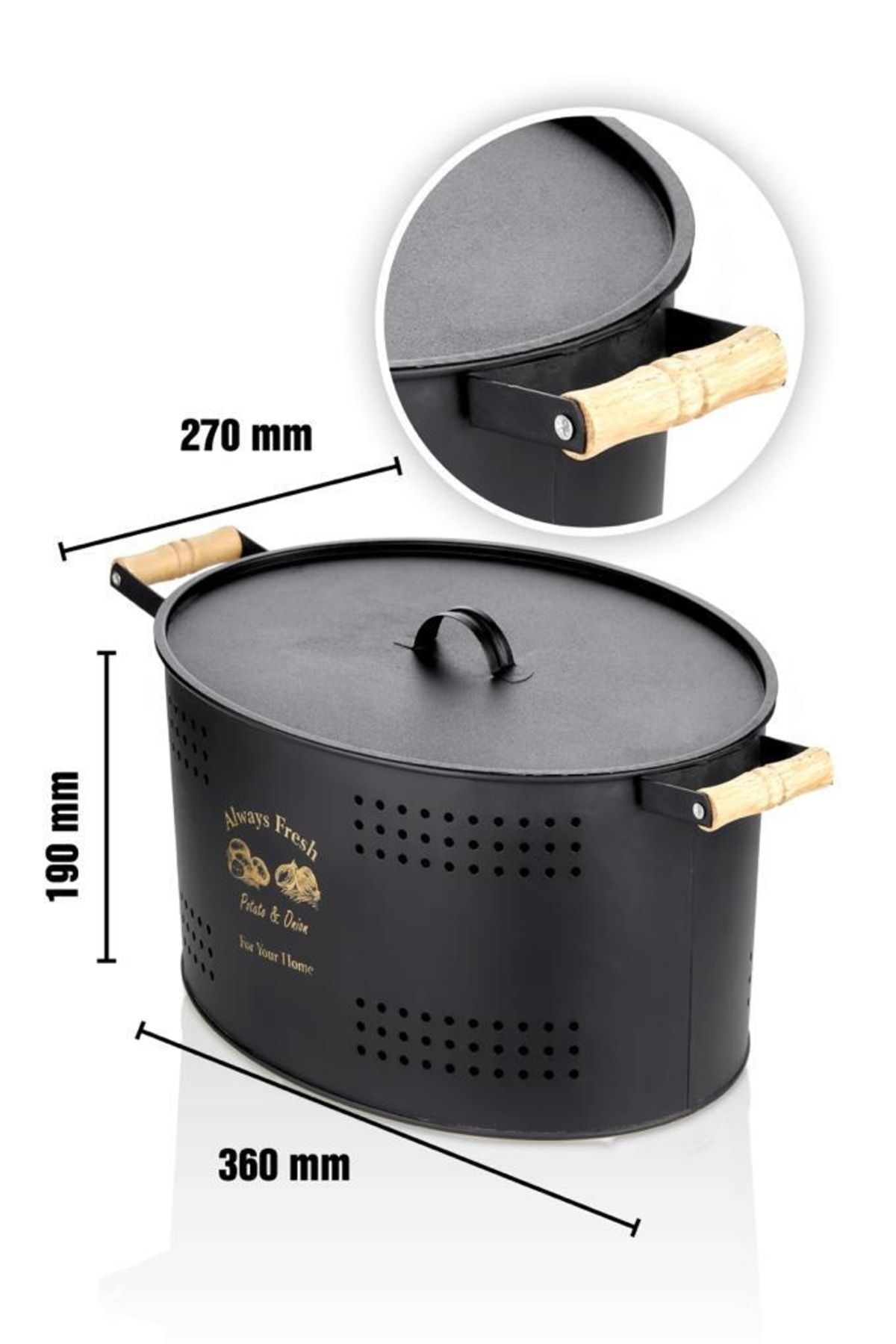 Bayev-Black Wooden Handle Potato Onion Storage Box with Lid Patterned Metal Bread Storage Box 5