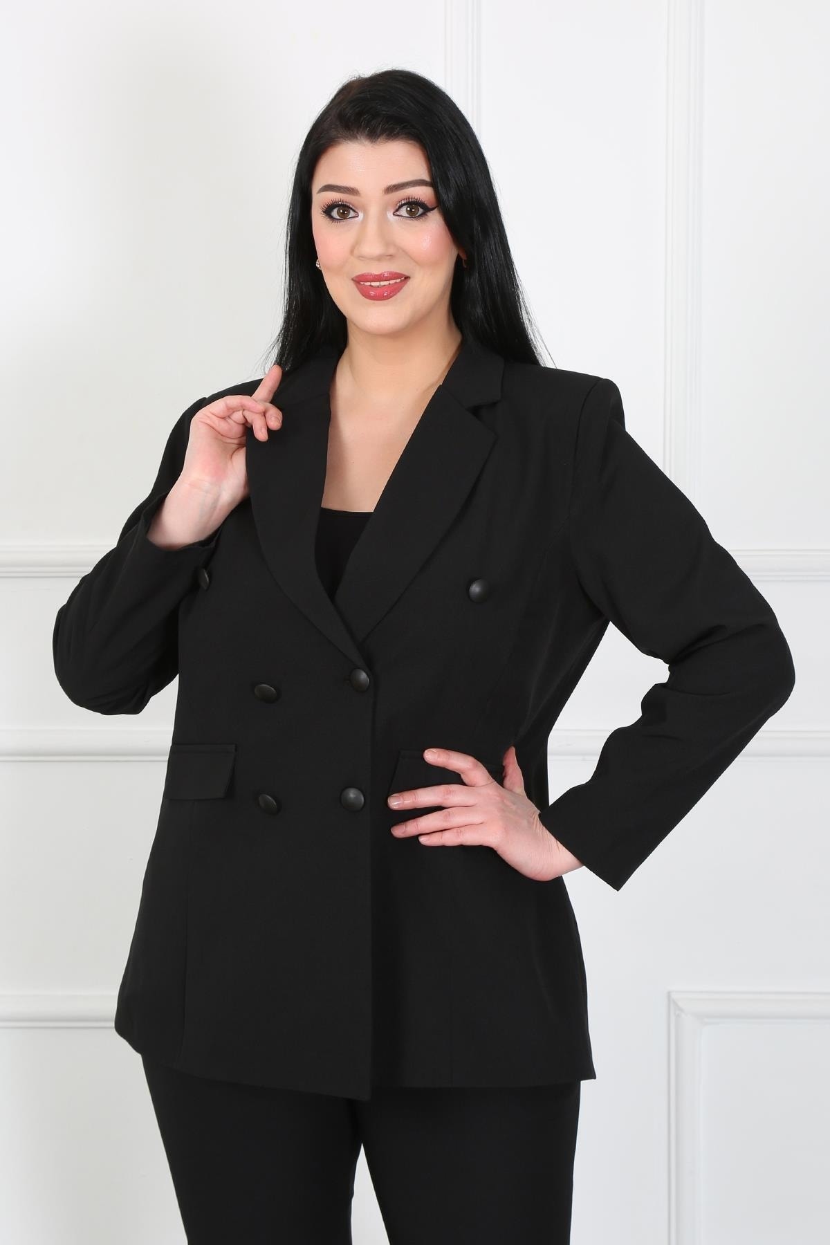 By Alba Collection Kadın Siyah Dabıl Kumaş Blazer Büyük Beden Ceket