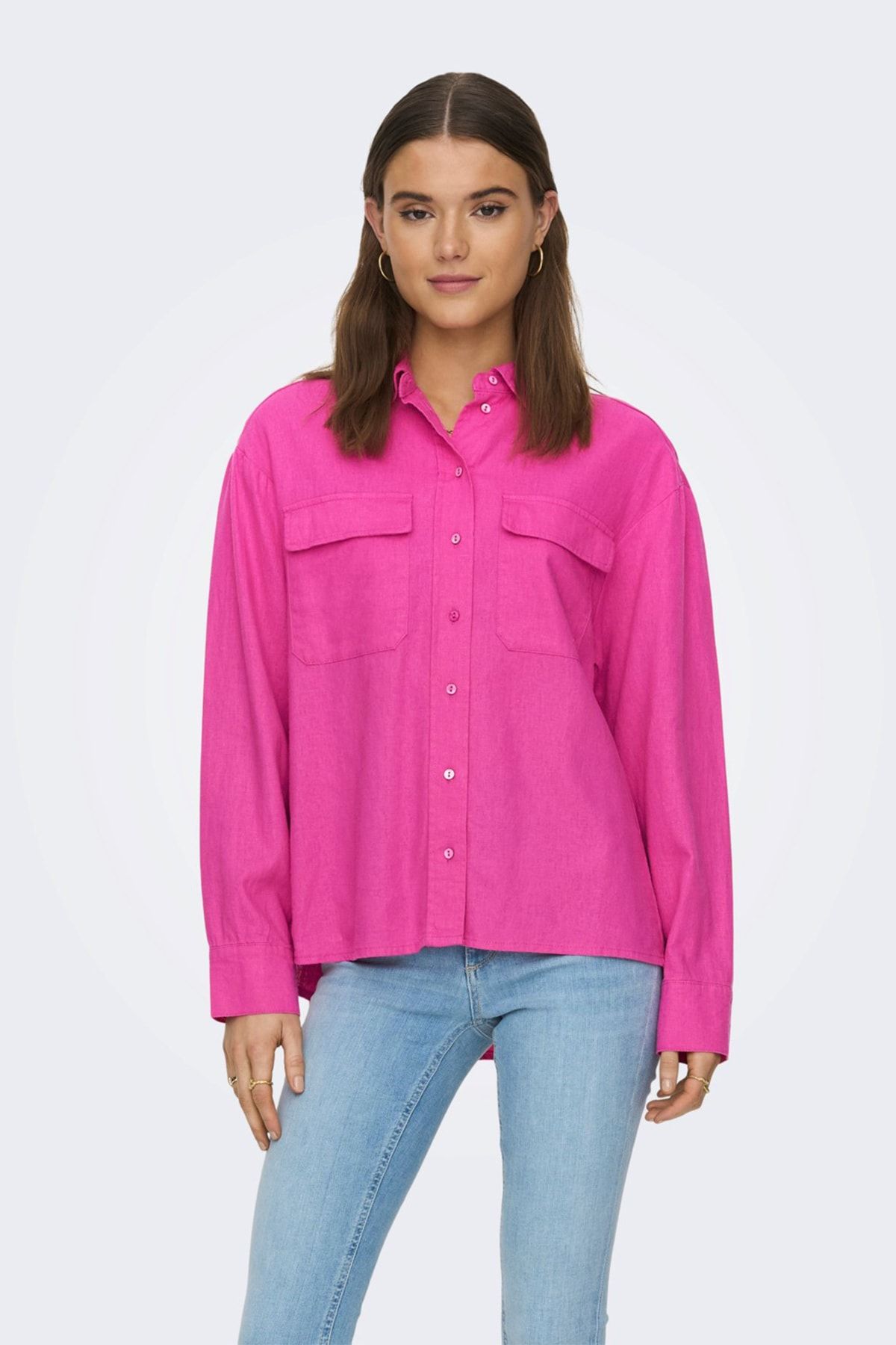 ONLY-Women's Pocketed Linen Shirt Oversize Fit Onlcaro - 15278795 2