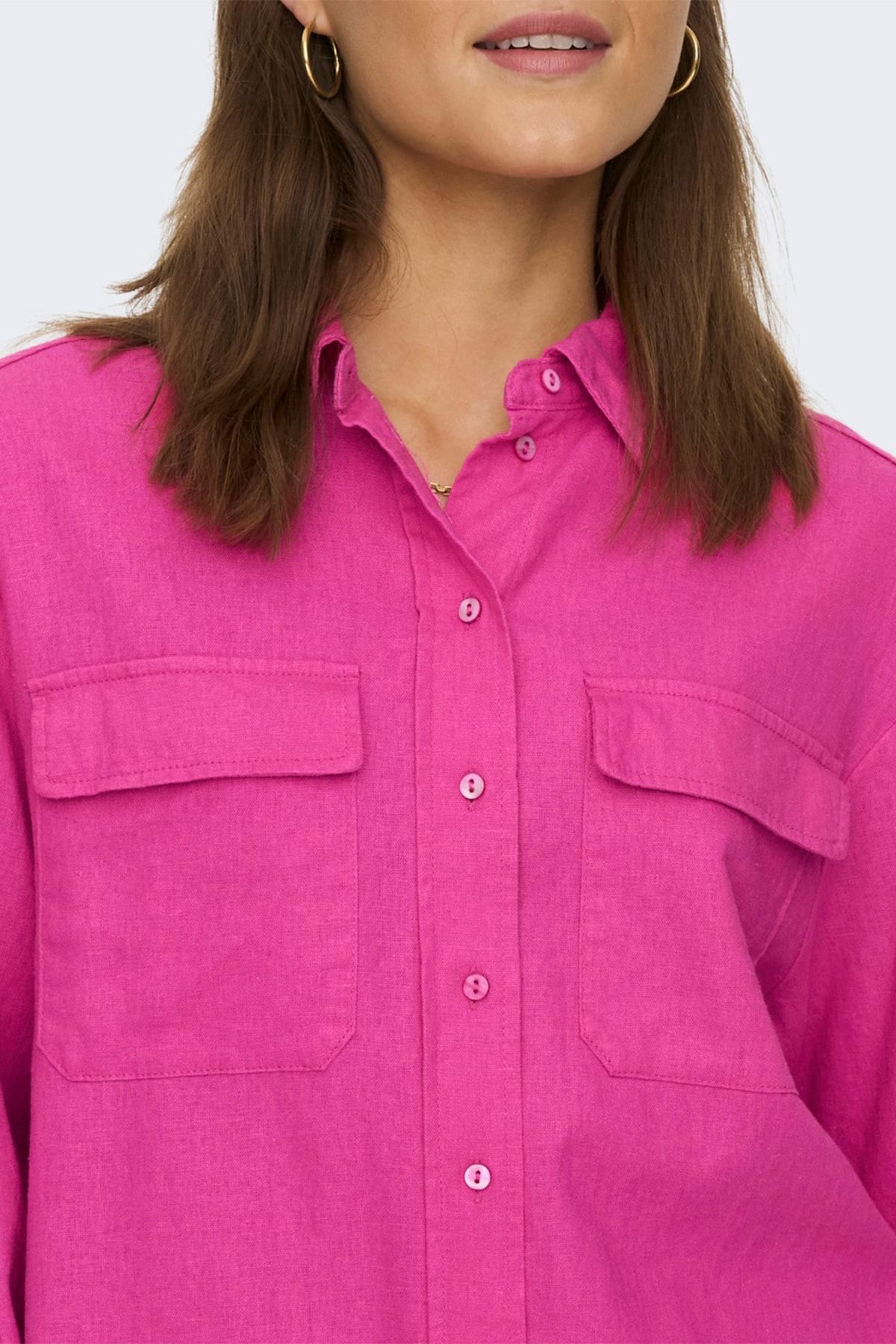 ONLY-Women's Pocketed Linen Shirt Oversize Fit Onlcaro - 15278795 3