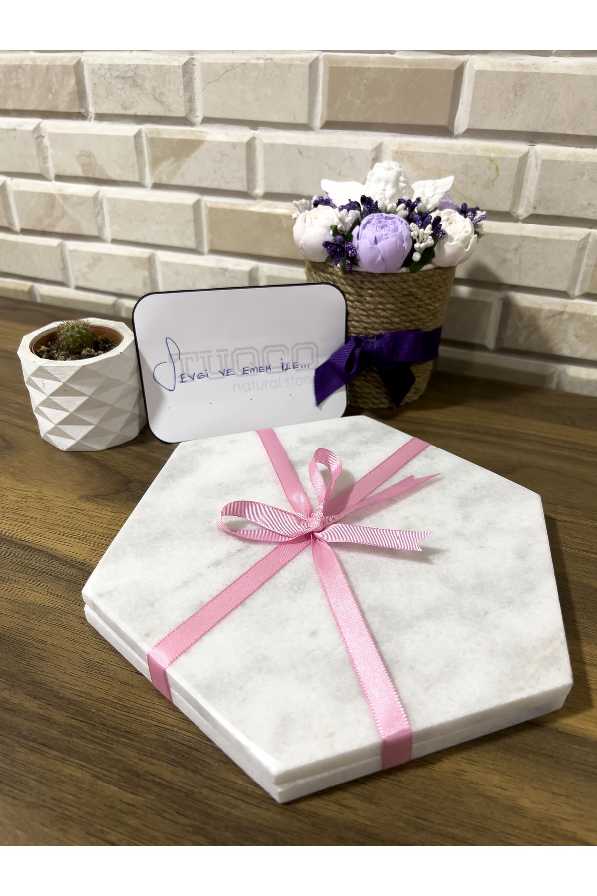 TUQCO Doğaltaş 8’’ Altıgen Carrara 2 ’li Mermer Aksesuar