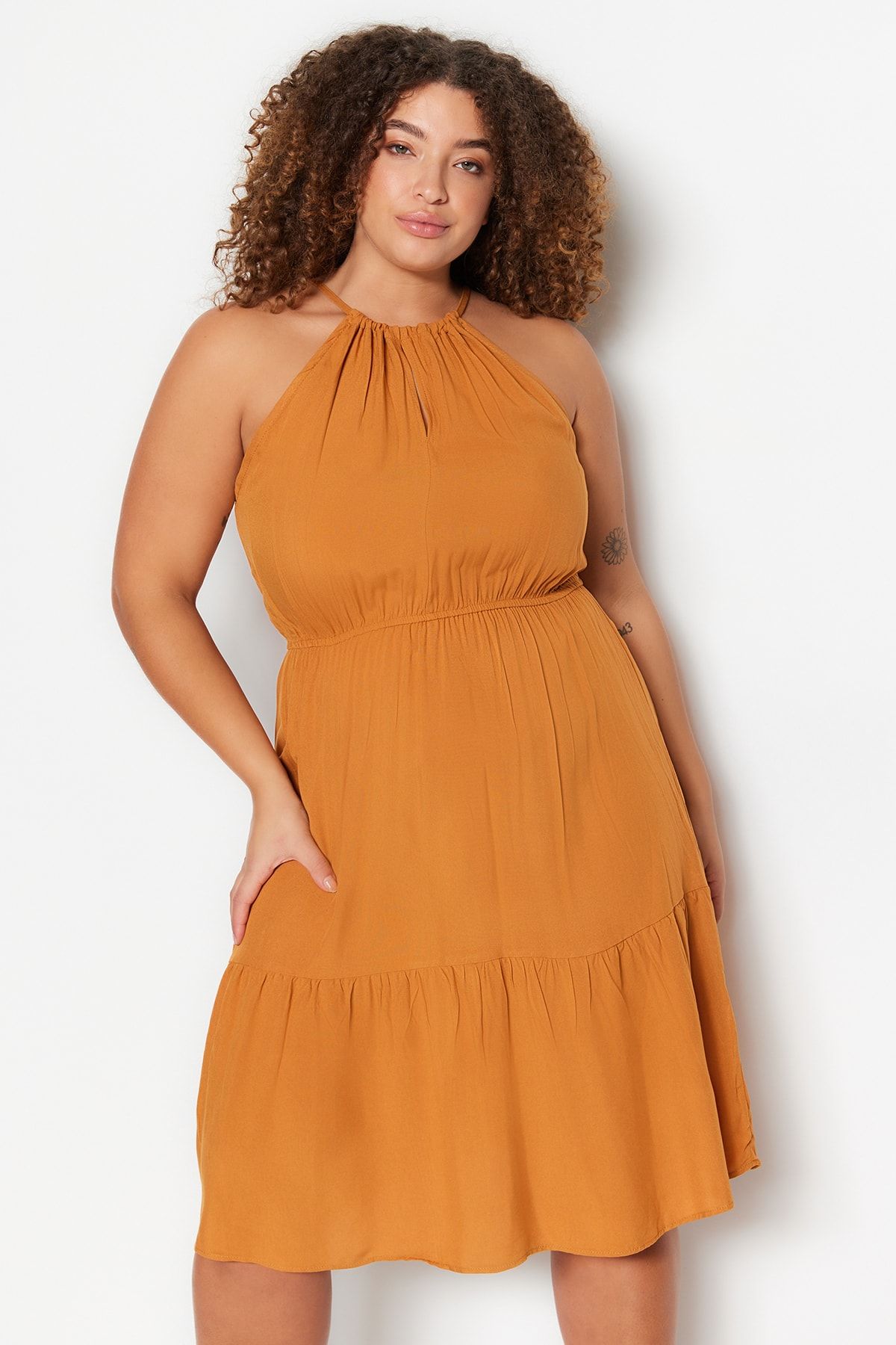 Trendyol Curve Plus Size Dress Brown Skater Trendyol