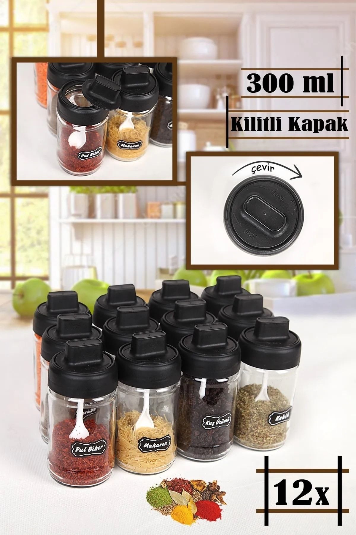 BOZHOUSE Set of 12 Glass Spice Jars with Self Locking Lids and