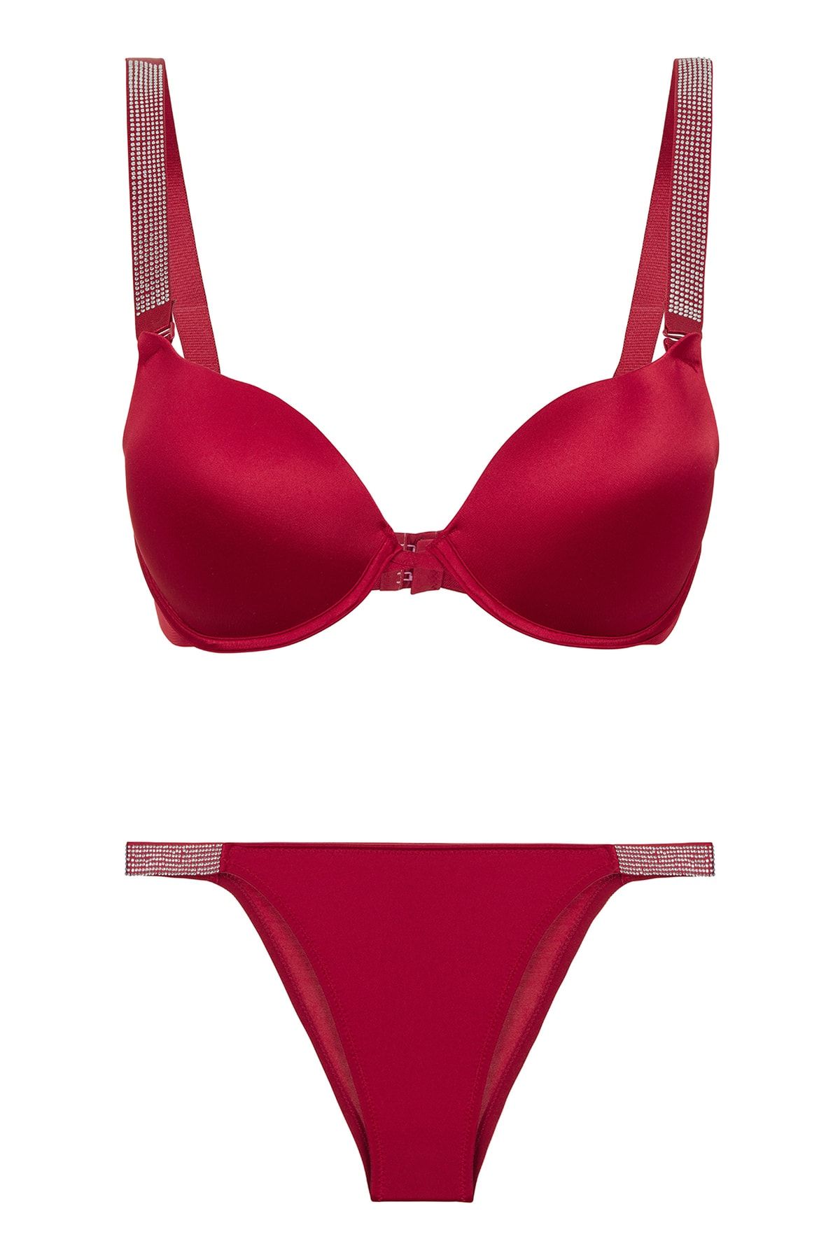 red iç giyim Double Push Up Underwire Stone Bra Set - Trendyol