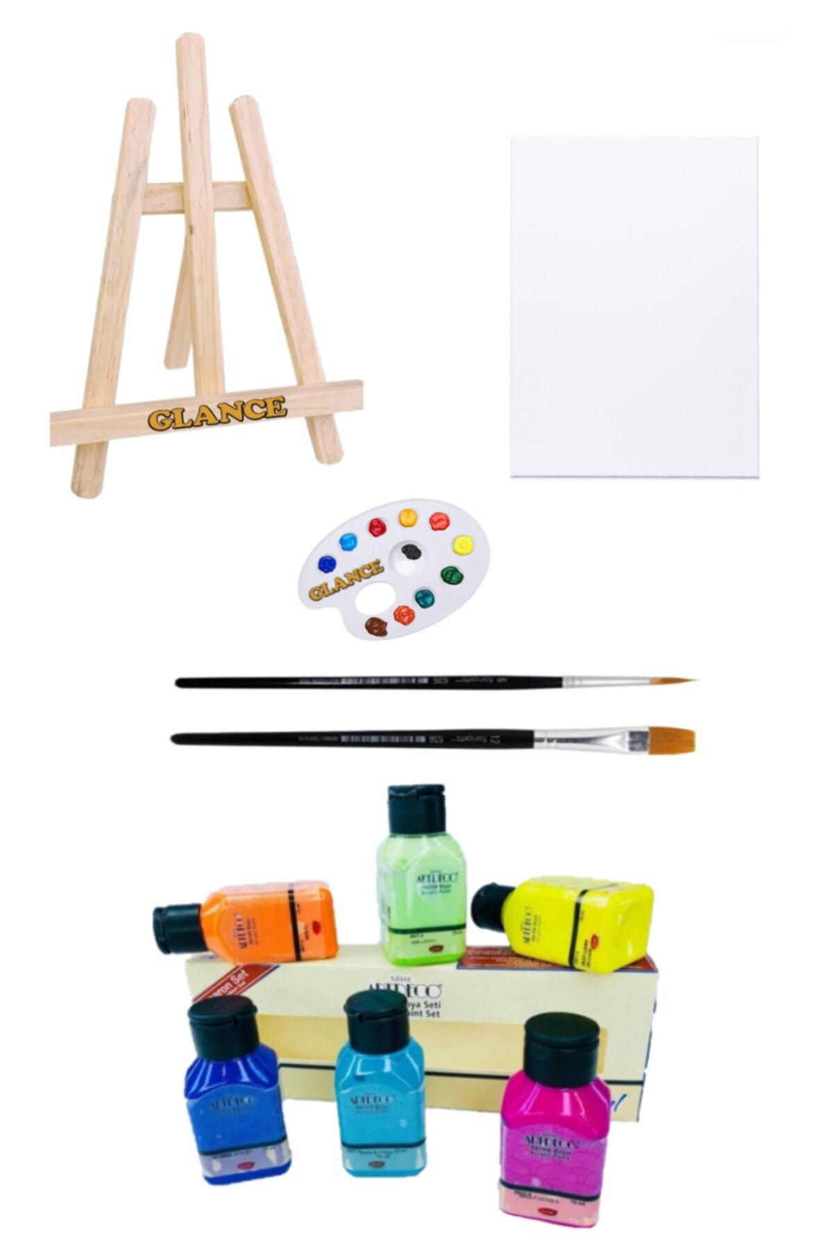 GLANCE Mini Şövale 25x35 Tuval Artdeco Akrilik Boya 6x75 Ml Macaron Renkler Set
