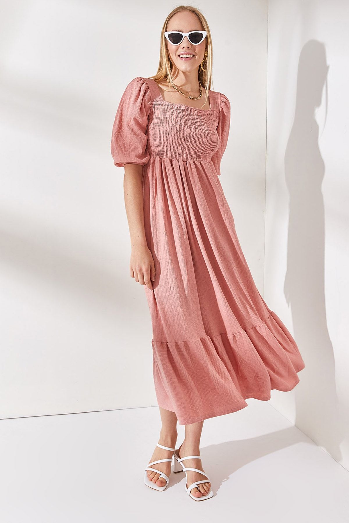Olalook Women s Pink Robe Gimped Casual Midi Dress ELB 19001877