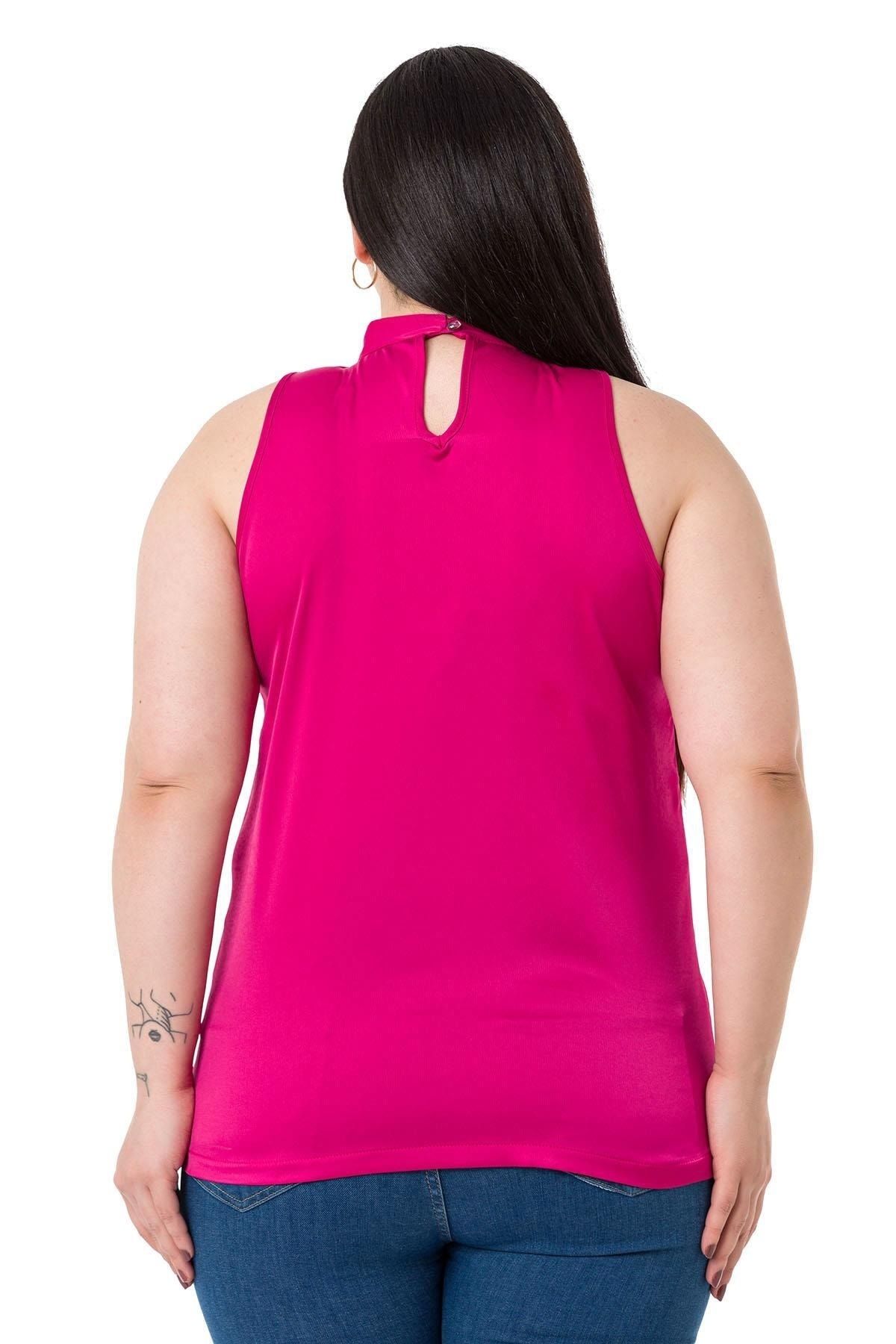 DISENTIS MODEST-Plus Size Satin Fuchsia Blouse with Scarf and Side Slits 3