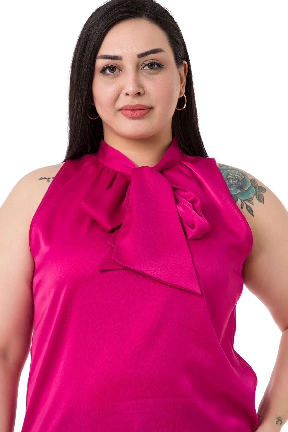 DISENTIS MODEST-Plus Size Satin Fuchsia Blouse with Scarf and Side Slits 5
