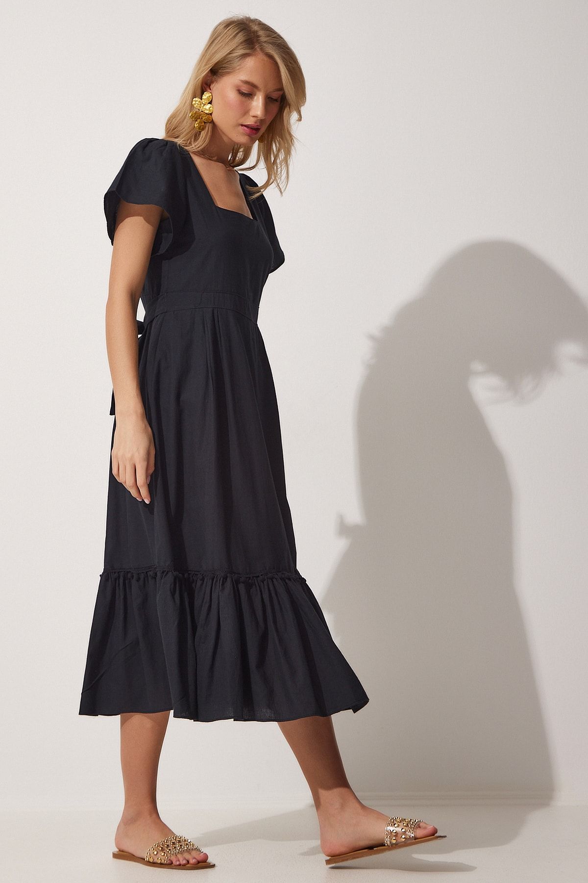 Happiness İstanbul-Schwarzes Leinenkleid mit quadratischem Kragen für Damen JH00046 3