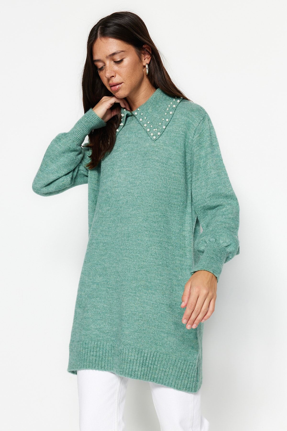 Trendyol Modest Pulover Din Tricotaje Moale Perlat Cu Guler Pentru Bebeluși Turcoaz Femeie - Standard
